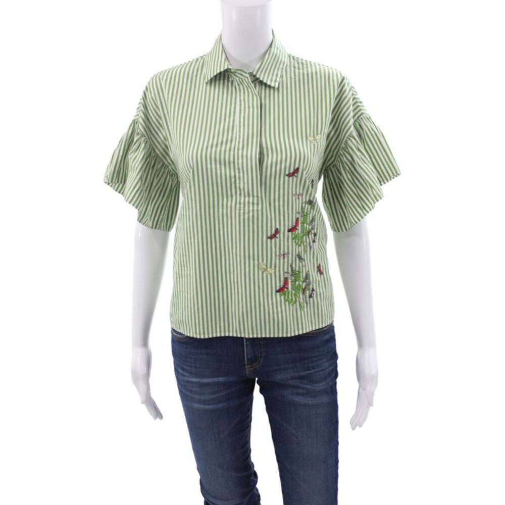 Weekend Max Mara Women Striped Green Cotton Collared Short Sleeve Blouse Size 6